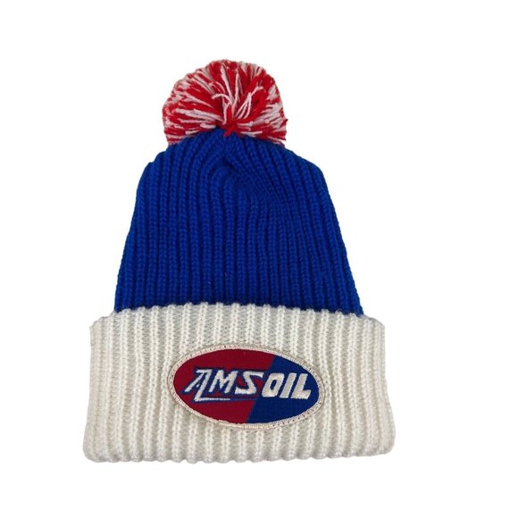 Vintage Amsoil Patch Racing Beanie Cap Hat Ams Oil Rare Red White Blue - Picture 1 of 8